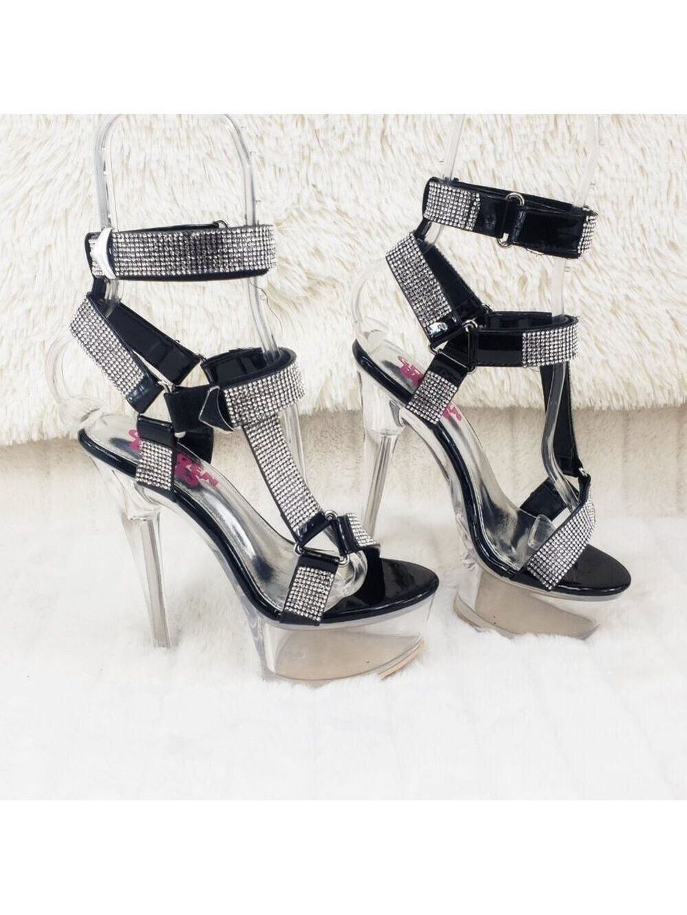 Bulls Sexy Rhinestone Harness Strap Clear Platform Shoes